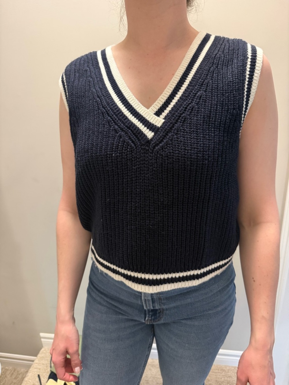 H&M Navy Blue and White V-Neck Knit Vest